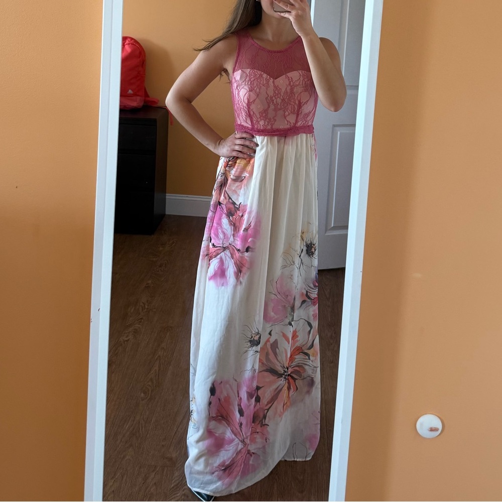 Rinascimento Pink and Cream Floral Maxi Dress